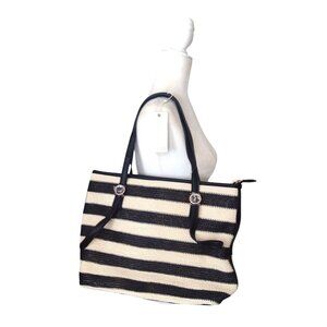 Stitch Fix Urban Expressions Karoline Woven Tote In Black & Beige W/Faux Leather